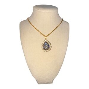 AMC Gold‑Tone Teardrop Pendant Necklace Blue Faceted Stone w Rhinestone Halo JB7